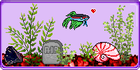 a fish tank housing a green fish, with a tombstone and nautilus shell for decorations